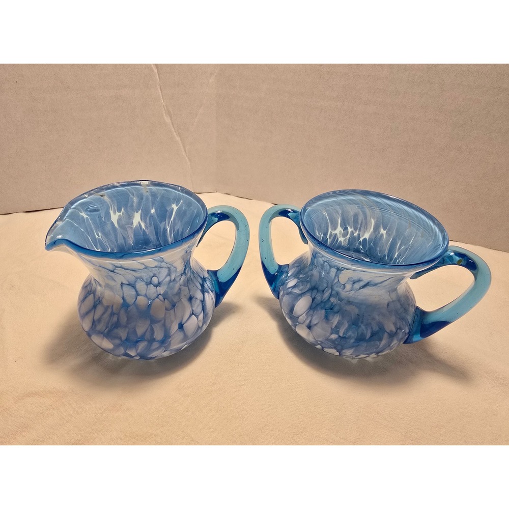 Blue White Mottled Art Glass Creamer and Sugar Bowl Set Hand Blown 2 Piece
